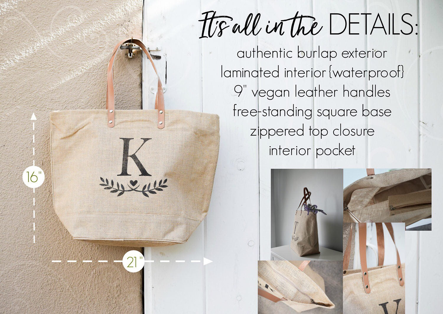 Bridesmaid Tote Bags for Bridesmaid Gifts - 100% Jute Burlap