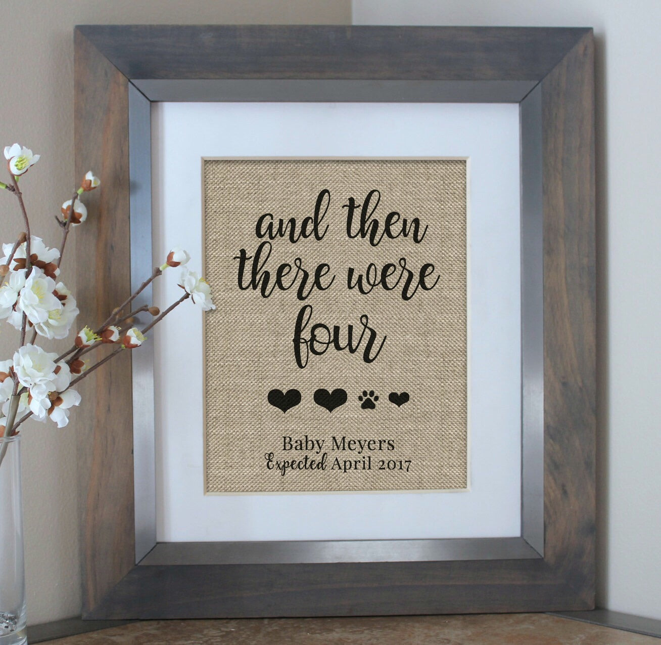 And then there were four baby announcement burlap print - dog mom